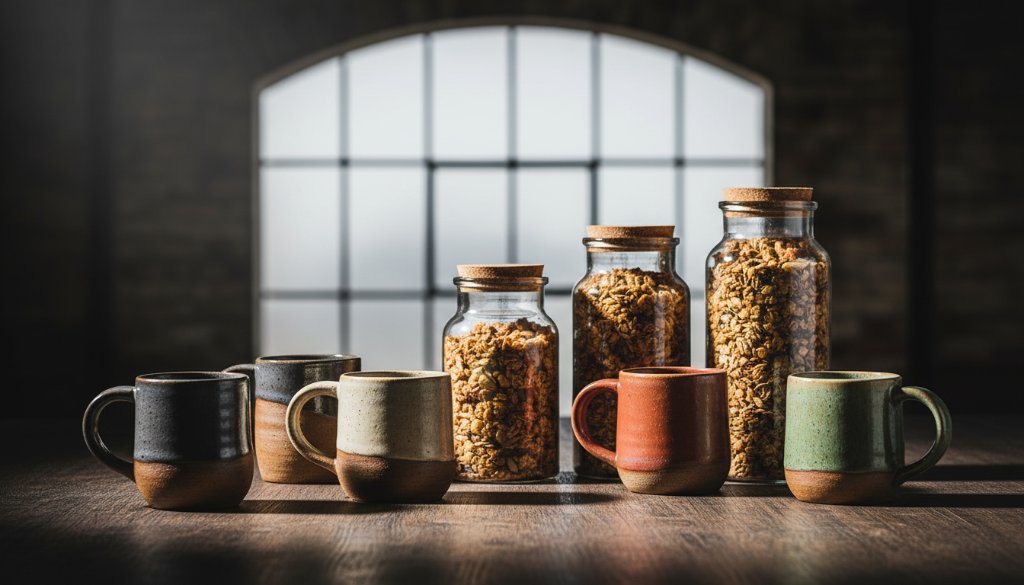 Dynamic overhead shot of artisan handcrafted ceramic mugs and local honey jars arranged on a rustic wooden table, illuminated by a dramatic ray of natural light streaming through a window in a Bayswater North studio, showcasing exquisite Bayswater North product photography for small businesses with sharp focus and warm, inviting tones.