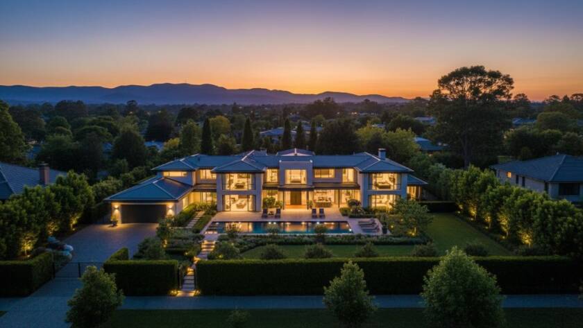 An aerial sunset shot capturing a beautifully lit modern home in Bayswater North, surrounded by lush, vibrant gardens, showcasing exceptional Bayswater North property photography for vibrant homes with a dramatic, professional aesthetic.