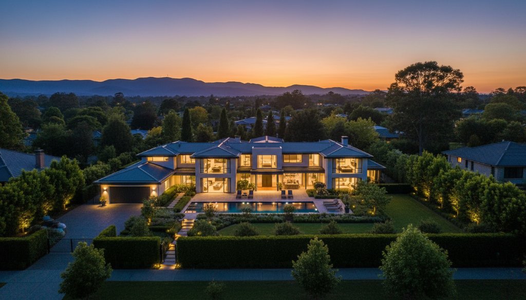 An aerial sunset shot capturing a beautifully lit modern home in Bayswater North, surrounded by lush, vibrant gardens, showcasing exceptional Bayswater North property photography for vibrant homes with a dramatic, professional aesthetic.