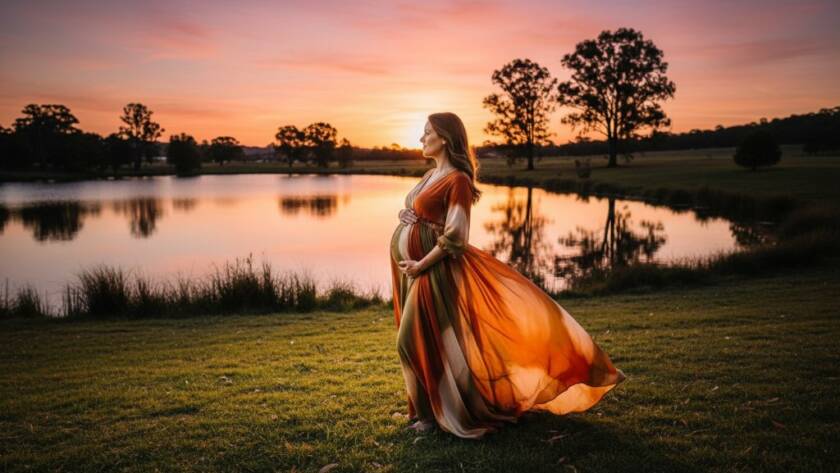 An expectant mother in Bayswater, Victoria, captured in a stunning outdoor maternity photography session at sunset. She stands gracefully by a calm lake, cradling her bump, with golden hour light silhouetting her against a serene Australian landscape, highlighting the beauty of Bayswater outdoor maternity photography Victoria.