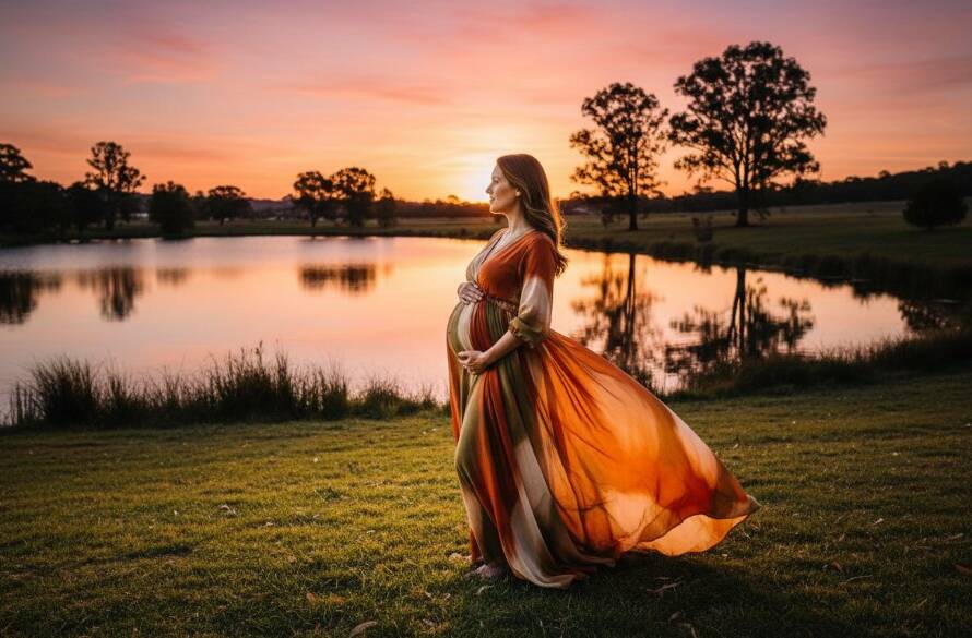 An expectant mother in Bayswater, Victoria, captured in a stunning outdoor maternity photography session at sunset. She stands gracefully by a calm lake, cradling her bump, with golden hour light silhouetting her against a serene Australian landscape, highlighting the beauty of Bayswater outdoor maternity photography Victoria.