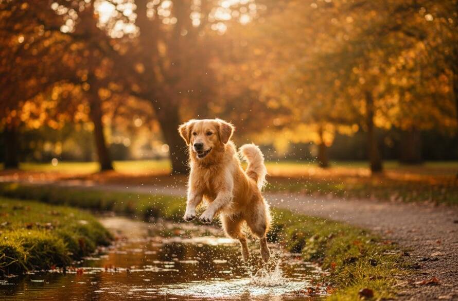 An epic, dramatic low-angle shot of a golden retriever joyfully leaping through a sun-drenched park in Bayswater, Victoria, Australia, capturing joyful moments with incredible motion blur and vibrant autumn colours, perfect for Bayswater pet photography.