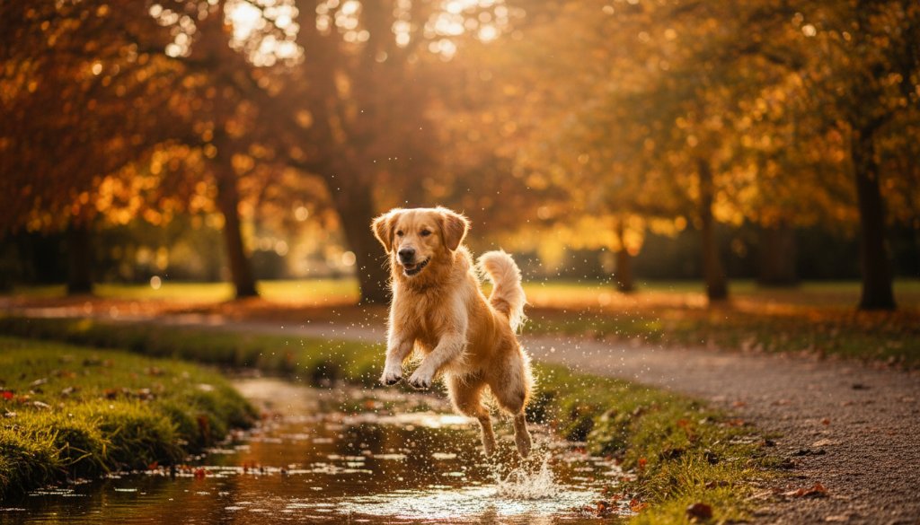 An epic, dramatic low-angle shot of a golden retriever joyfully leaping through a sun-drenched park in Bayswater, Victoria, Australia, capturing joyful moments with incredible motion blur and vibrant autumn colours, perfect for Bayswater pet photography.