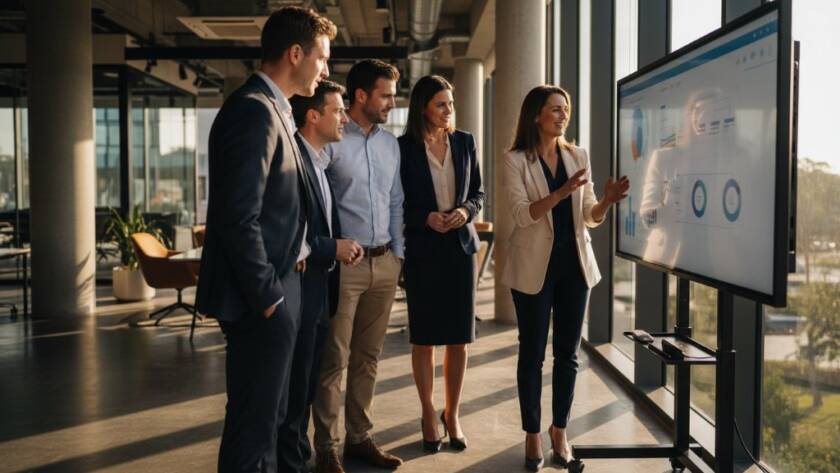 A dynamic, wide-angle shot of a diverse business team in Bayswater collaborating intensely in a modern, sunlit office space, captured with professional corporate branding photography, conveying innovation and teamwork.