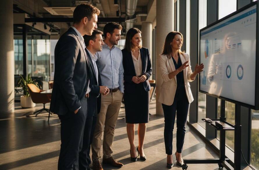 A dynamic, wide-angle shot of a diverse business team in Bayswater collaborating intensely in a modern, sunlit office space, captured with professional corporate branding photography, conveying innovation and teamwork.