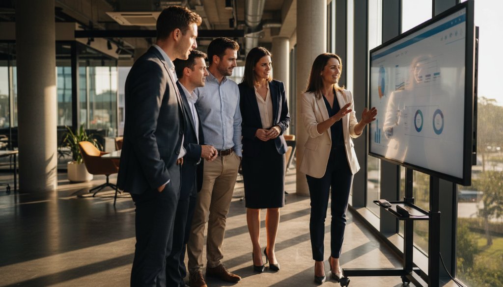 A dynamic, wide-angle shot of a diverse business team in Bayswater collaborating intensely in a modern, sunlit office space, captured with professional corporate branding photography, conveying innovation and teamwork.