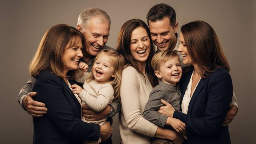 A heartwarming, professionally lit studio portrait of a laughing family of four embracing, celebrating their bond. This epic moment beautifully encapsulates the joy found in Bayswater professional studio photography portraits, with soft backlighting creating a dreamy halo around them.