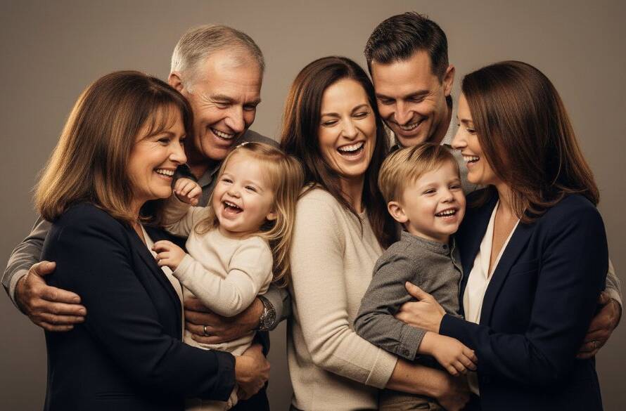 A heartwarming, professionally lit studio portrait of a laughing family of four embracing, celebrating their bond. This epic moment beautifully encapsulates the joy found in Bayswater professional studio photography portraits, with soft backlighting creating a dreamy halo around them.