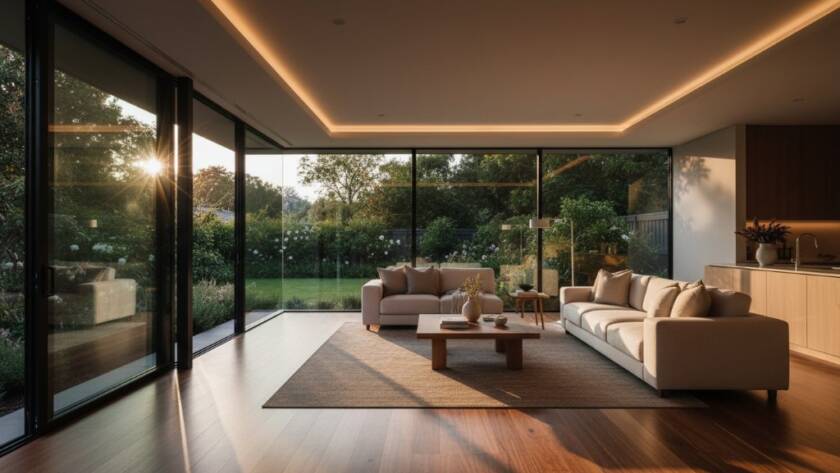 Dramatic cinematic photograph of a beautifully styled modern home in Bayswater, Victoria, bathed in the golden hour light, showcasing the living area with expansive windows. This shot captures the essence of Bayswater Real Estate Photography Specialists, emphasizing warmth and spaciousness.