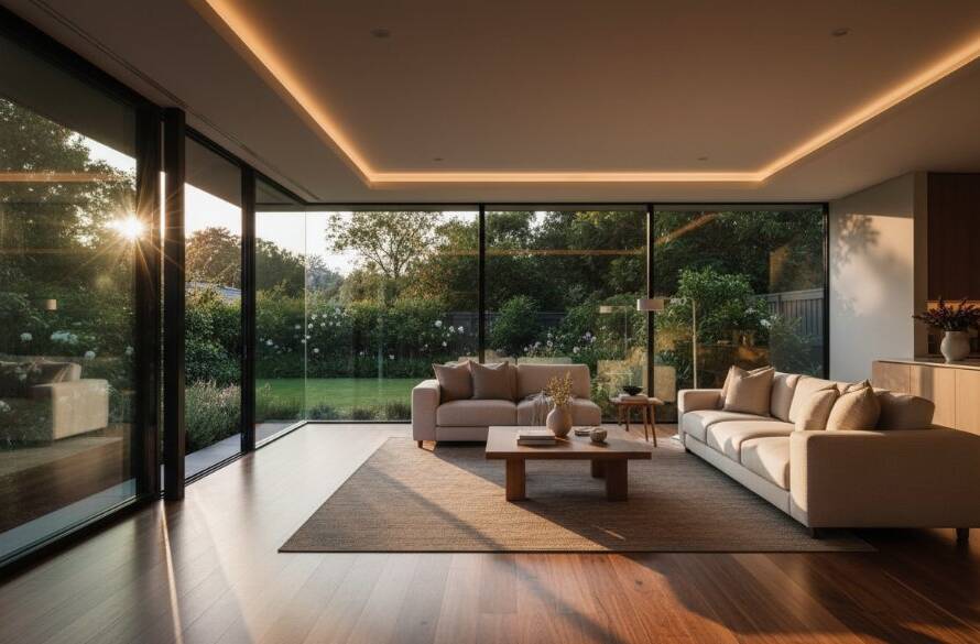 Dramatic cinematic photograph of a beautifully styled modern home in Bayswater, Victoria, bathed in the golden hour light, showcasing the living area with expansive windows. This shot captures the essence of Bayswater Real Estate Photography Specialists, emphasizing warmth and spaciousness.