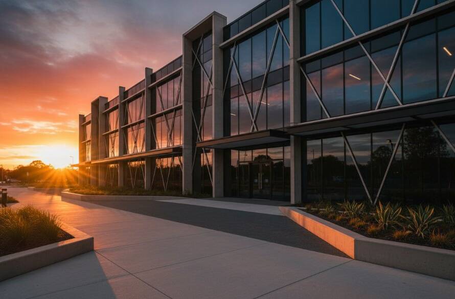 Dynamic wide-angle shot capturing the modern facade of a commercial building in Bayswater, Victoria at sunset, showcasing its intricate details with dramatic light and shadow for Bayswater Victoria architecture photography.