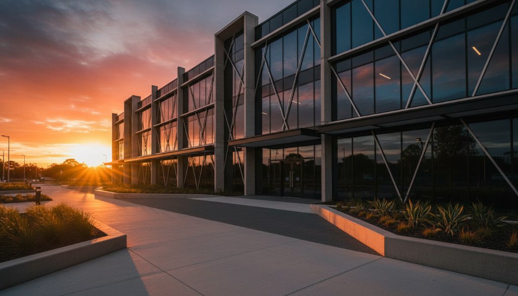 Dynamic wide-angle shot capturing the modern facade of a commercial building in Bayswater, Victoria at sunset, showcasing its intricate details with dramatic light and shadow for Bayswater Victoria architecture photography.