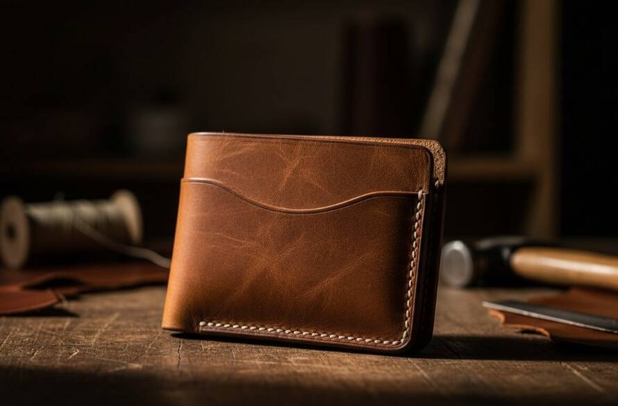 Dramatic close-up of a handcrafted leather wallet from a Bayswater Victoria artisan product photography session, featuring rich, tactile textures highlighted by cinematic lighting, with a subtle bokeh background suggesting a workshop setting.
