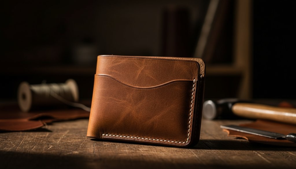 Dramatic close-up of a handcrafted leather wallet from a Bayswater Victoria artisan product photography session, featuring rich, tactile textures highlighted by cinematic lighting, with a subtle bokeh background suggesting a workshop setting.