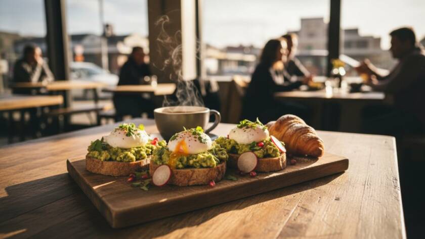 A beautifully composed, high-angle shot showcasing a vibrant brunch spread with fresh pastries and coffee, expertly lit to highlight textures and colours, captured in Bayswater, Victoria, perfect for inspiring Bayswater Victoria café food photography for local menus.