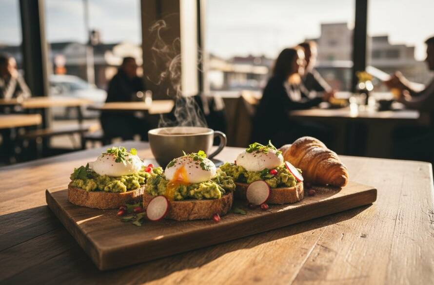 A beautifully composed, high-angle shot showcasing a vibrant brunch spread with fresh pastries and coffee, expertly lit to highlight textures and colours, captured in Bayswater, Victoria, perfect for inspiring Bayswater Victoria café food photography for local menus.