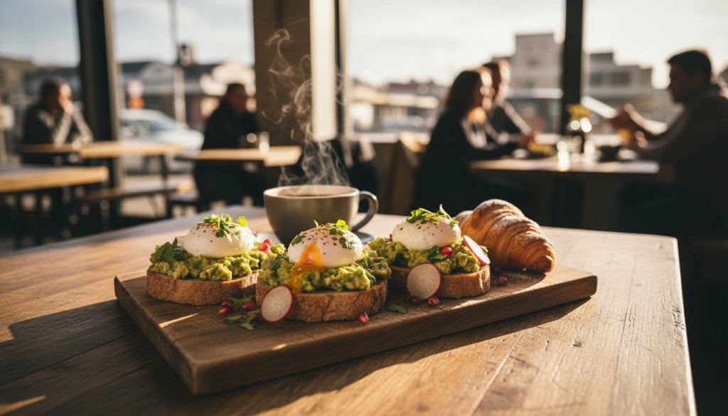 A beautifully composed, high-angle shot showcasing a vibrant brunch spread with fresh pastries and coffee, expertly lit to highlight textures and colours, captured in Bayswater, Victoria, perfect for inspiring Bayswater Victoria café food photography for local menus.