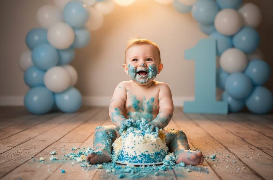 A joyful baby, covered in frosting from a successful cake smash, captured by a professional Bayswater Victoria cake smash photographer, with dramatic backlighting and a wide, happy smile, showcasing the epic moment of their first birthday celebration.