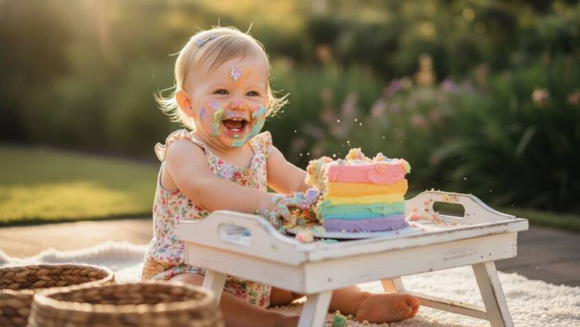 A vibrant, high-contrast photograph capturing a baby's joyful Bayswater Victoria cake smash photography first birthday moment, covered in icing, with dramatic rim lighting and a blurred background, evoking pure childhood delight.