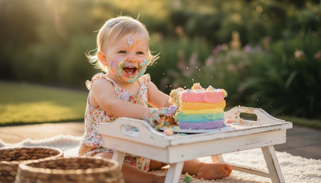 A vibrant, high-contrast photograph capturing a baby's joyful Bayswater Victoria cake smash photography first birthday moment, covered in icing, with dramatic rim lighting and a blurred background, evoking pure childhood delight.