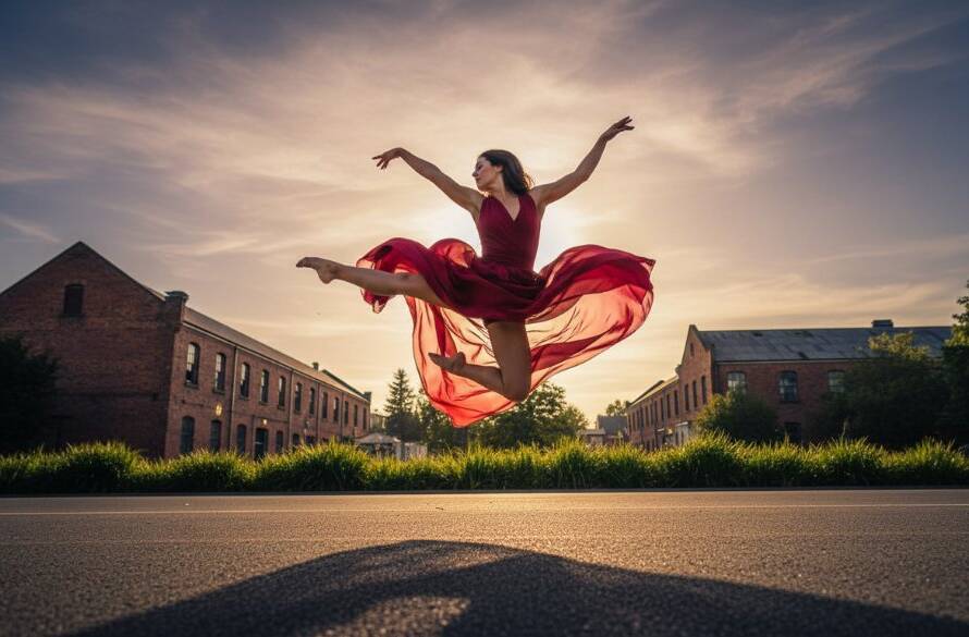 A dynamic, high-energy shot capturing an elegant dancer mid-air, performing an intricate leap against a blurred Bayswater backdrop, showcasing a Bayswater Victoria dance photography epic moment with dramatic lighting and vibrant colours.