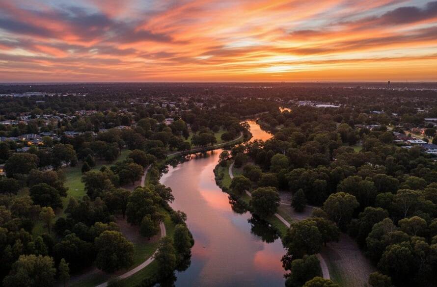 Epic Bayswater Victoria drone photography landscape art, capturing a breathtaking sunset over Dandenong Creek, highlighting vibrant parklands and local serenity, professionally captured from above.