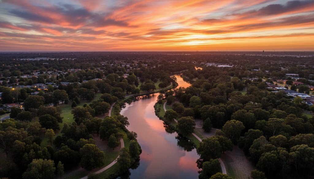 Epic Bayswater Victoria drone photography landscape art, capturing a breathtaking sunset over Dandenong Creek, highlighting vibrant parklands and local serenity, professionally captured from above.
