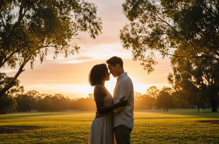 A couple embraces tenderly at sunset in a lush Bayswater park, creating a breathtaking moment of Bayswater Victoria engagement photography, with golden light filtering through trees and casting long shadows, capturing their intimate connection.