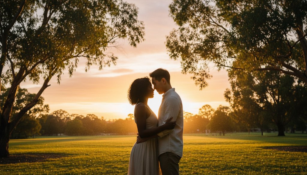A couple embraces tenderly at sunset in a lush Bayswater park, creating a breathtaking moment of Bayswater Victoria engagement photography, with golden light filtering through trees and casting long shadows, capturing their intimate connection.