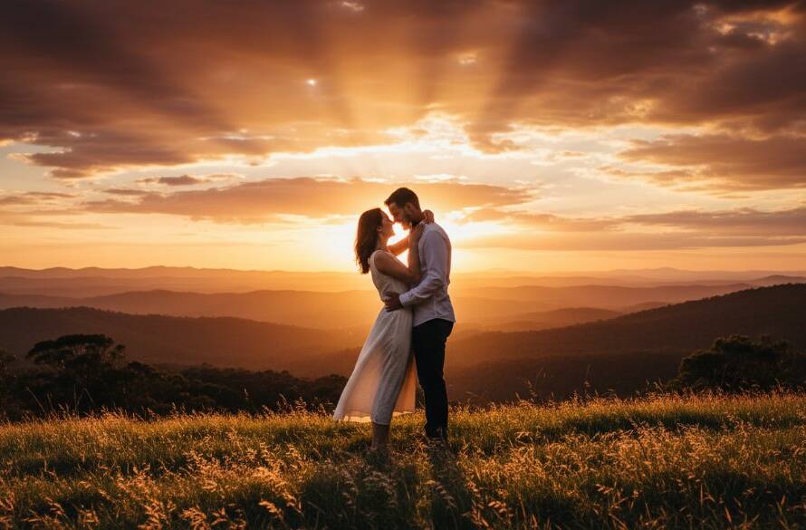A breathtaking Bayswater Victoria engagement photography scenic shoot featuring a couple embracing passionately at sunset on a scenic hill, with vibrant golden light silhouetting them against the Dandenong Ranges, capturing an epic moment of their love story.