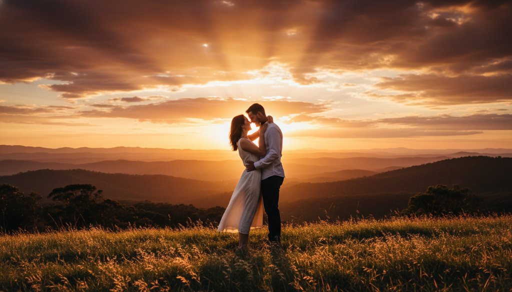 A breathtaking Bayswater Victoria engagement photography scenic shoot featuring a couple embracing passionately at sunset on a scenic hill, with vibrant golden light silhouetting them against the Dandenong Ranges, capturing an epic moment of their love story.