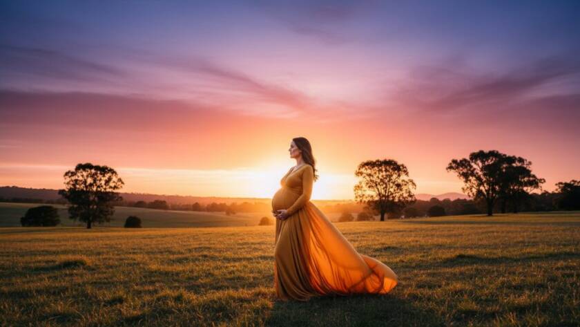 An expectant mother, silhouetted against a golden Bayswater Victoria sunset, gently cradles her baby bump during a glowing maternity photoshoot, evoking an epic moment of serene anticipation and natural beauty.
