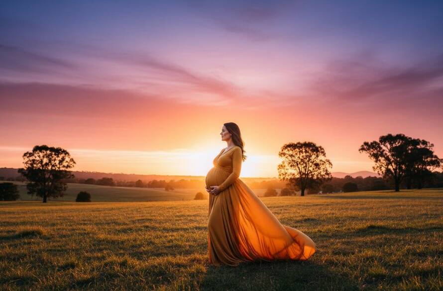 An expectant mother, silhouetted against a golden Bayswater Victoria sunset, gently cradles her baby bump during a glowing maternity photoshoot, evoking an epic moment of serene anticipation and natural beauty.