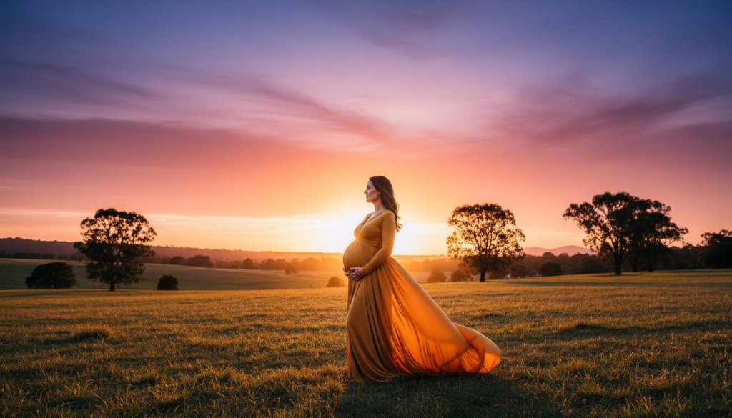 An expectant mother, silhouetted against a golden Bayswater Victoria sunset, gently cradles her baby bump during a glowing maternity photoshoot, evoking an epic moment of serene anticipation and natural beauty.