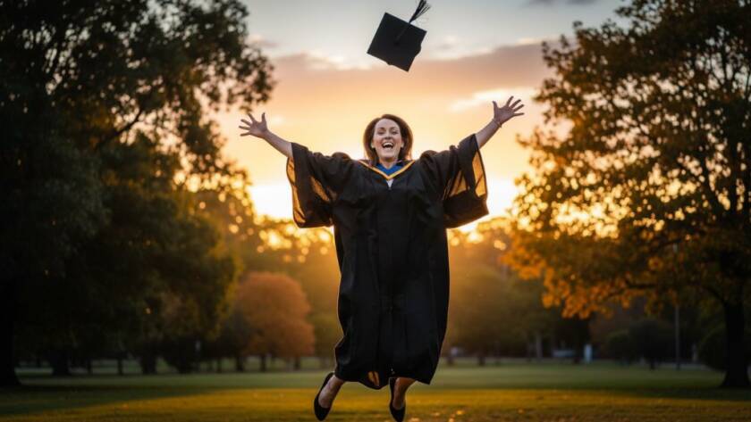 A jubilant graduate in Bayswater, Victoria, beaming with pride after their Bayswater Victoria graduation photography experience, tossing their cap against a dramatic, professionally lit sunset backdrop, capturing an epic milestone moment.