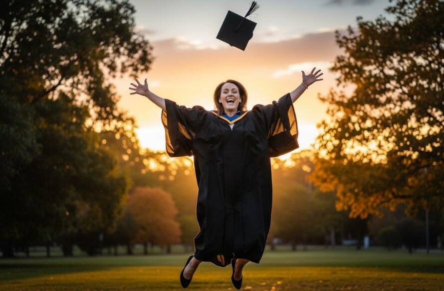 A jubilant graduate in Bayswater, Victoria, beaming with pride after their Bayswater Victoria graduation photography experience, tossing their cap against a dramatic, professionally lit sunset backdrop, capturing an epic milestone moment.
