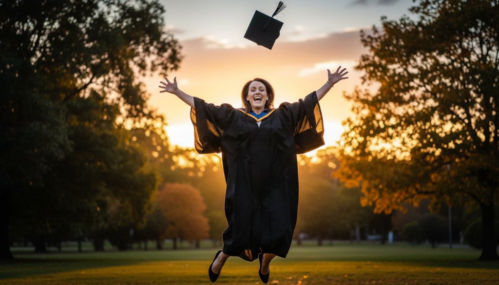 A jubilant graduate in Bayswater, Victoria, beaming with pride after their Bayswater Victoria graduation photography experience, tossing their cap against a dramatic, professionally lit sunset backdrop, capturing an epic milestone moment.