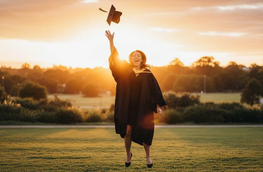A joyful graduate in Bayswater, Victoria, tossing their cap against a vibrant sunset sky, celebrating their Bayswater Victoria graduation photography memorable moments with friends, captured with dramatic backlighting and a celebratory mood.