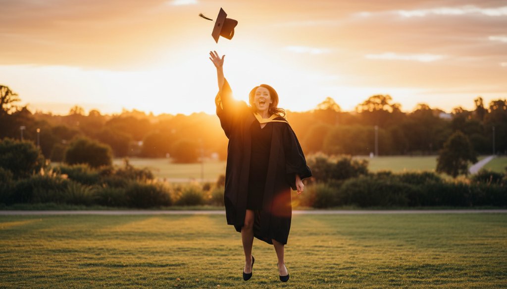 A joyful graduate in Bayswater, Victoria, tossing their cap against a vibrant sunset sky, celebrating their Bayswater Victoria graduation photography memorable moments with friends, captured with dramatic backlighting and a celebratory mood.