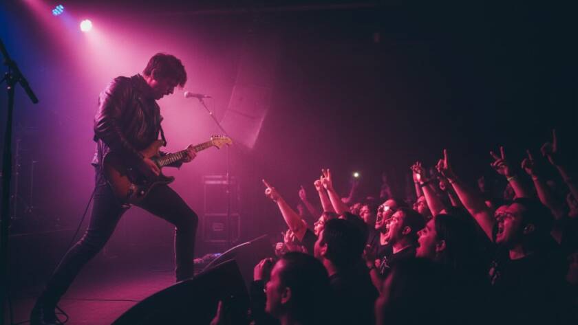 A wide shot capturing an epic moment of a lead singer bathed in dramatic stage lighting, performing passionately at a vibrant live music venue in Bayswater, Victoria, Australia, showcasing professional Bayswater Victoria live music photography.