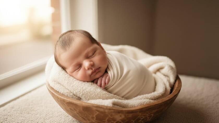 A close-up, dreamlike portrait of a sleeping newborn baby in Bayswater Victoria, gently swaddled in soft, earthy tones, nestled in a handmade wooden basket, bathed in golden hour light from a large window, capturing the Bayswater Victoria newborn photography heirloom moment with exquisite detail and warmth.