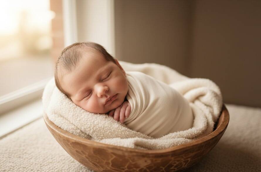 A close-up, dreamlike portrait of a sleeping newborn baby in Bayswater Victoria, gently swaddled in soft, earthy tones, nestled in a handmade wooden basket, bathed in golden hour light from a large window, capturing the Bayswater Victoria newborn photography heirloom moment with exquisite detail and warmth.