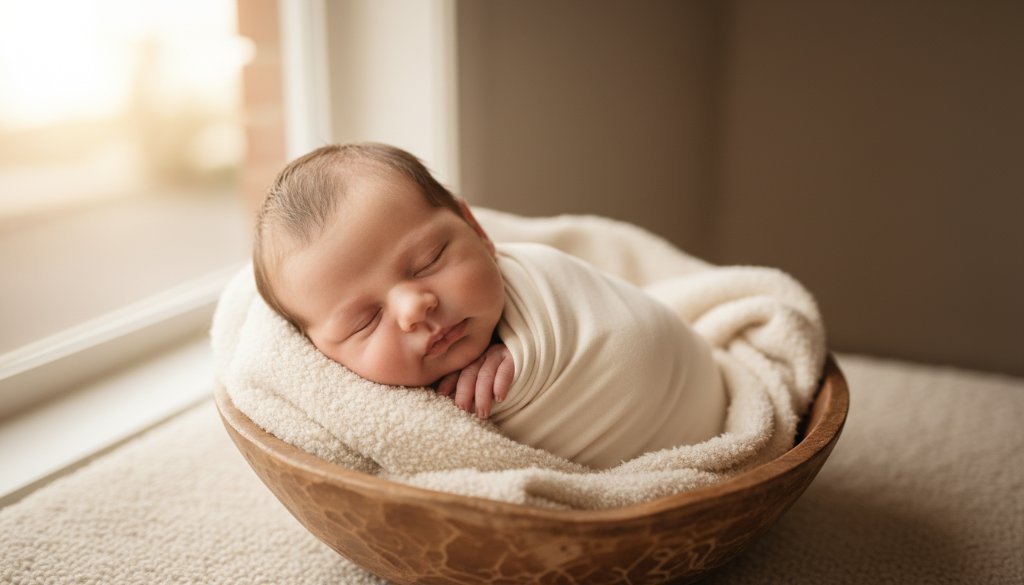 A close-up, dreamlike portrait of a sleeping newborn baby in Bayswater Victoria, gently swaddled in soft, earthy tones, nestled in a handmade wooden basket, bathed in golden hour light from a large window, capturing the Bayswater Victoria newborn photography heirloom moment with exquisite detail and warmth.