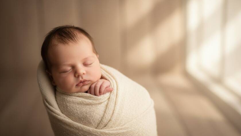 A beautifully composed portrait from a Bayswater Victoria newborn photography heirloom session, featuring a peacefully sleeping baby swaddled in soft cream fabric, bathed in warm, ethereal light, with a parent's hand gently supporting, evoking a sense of timeless peace and profound connection.