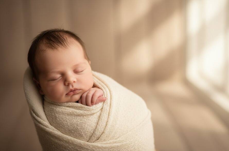 A beautifully composed portrait from a Bayswater Victoria newborn photography heirloom session, featuring a peacefully sleeping baby swaddled in soft cream fabric, bathed in warm, ethereal light, with a parent's hand gently supporting, evoking a sense of timeless peace and profound connection.