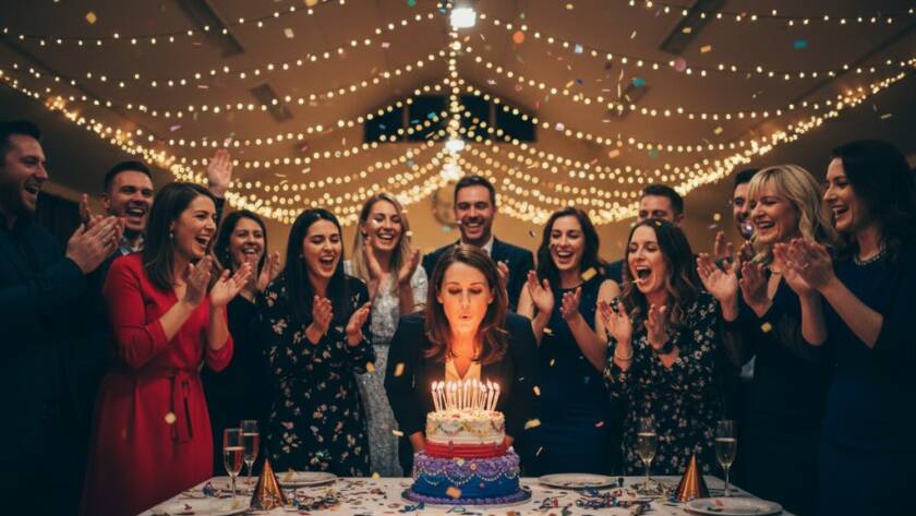 A candid, high-energy wide shot capturing a vibrant birthday party in Bayswater, Victoria, with guests laughing and dancing under string lights, professionally lit, showcasing Bayswater Victoria party photography unforgettable moments with dynamic motion blur.