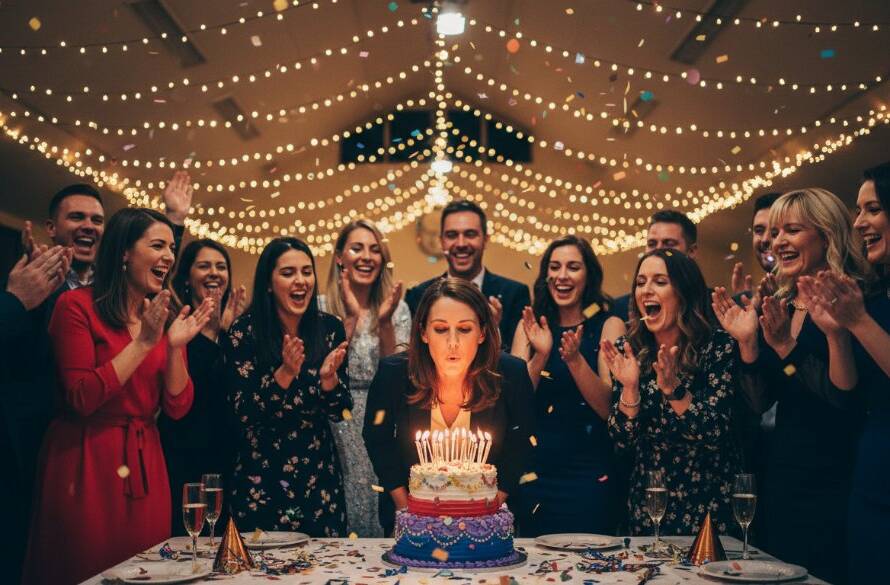 A candid, high-energy wide shot capturing a vibrant birthday party in Bayswater, Victoria, with guests laughing and dancing under string lights, professionally lit, showcasing Bayswater Victoria party photography unforgettable moments with dynamic motion blur.