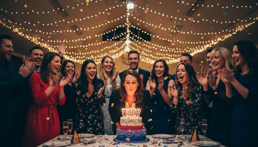 A candid, high-energy wide shot capturing a vibrant birthday party in Bayswater, Victoria, with guests laughing and dancing under string lights, professionally lit, showcasing Bayswater Victoria party photography unforgettable moments with dynamic motion blur.