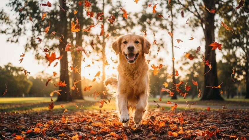 An ecstatic golden retriever leaping joyfully through autumn leaves in a Bayswater park, perfectly framed by the golden hour light, showcasing Bayswater Victoria pet photography capturing joyful moments with dynamic movement and vibrant colours.
