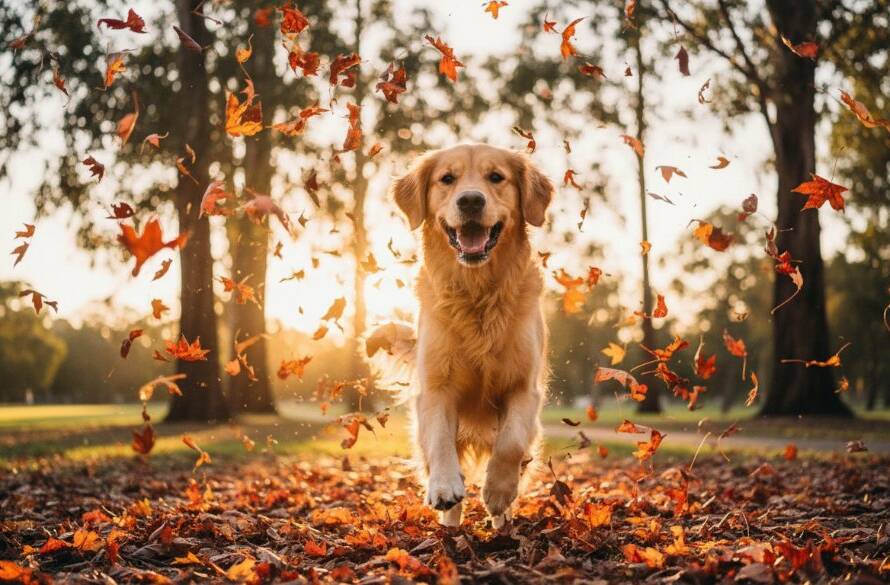An ecstatic golden retriever leaping joyfully through autumn leaves in a Bayswater park, perfectly framed by the golden hour light, showcasing Bayswater Victoria pet photography capturing joyful moments with dynamic movement and vibrant colours.